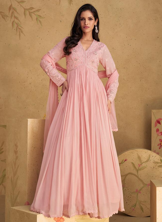 Real Chinnon Silk Pink Party Wear Embroidery Work Readymade Gown With Dupatta